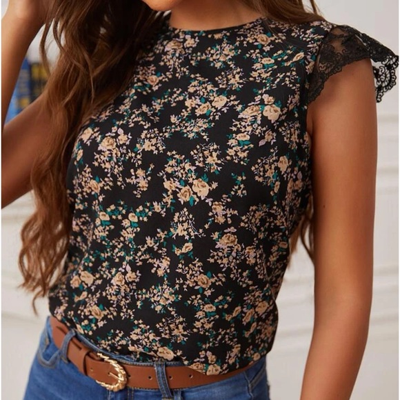 Boho Floral Print Lace Top Blouse shirt - Picture 8 of 8